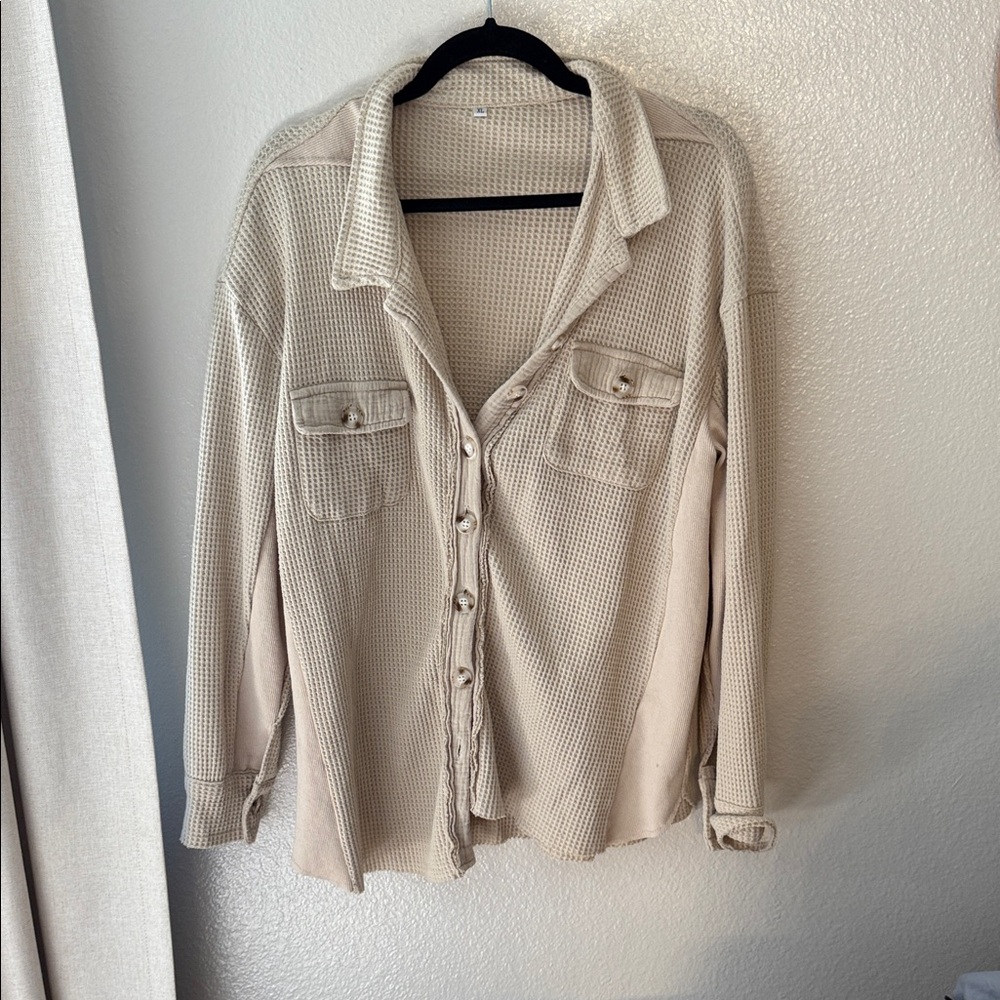 Amazon Women's Beige Textured Button Down Shirt